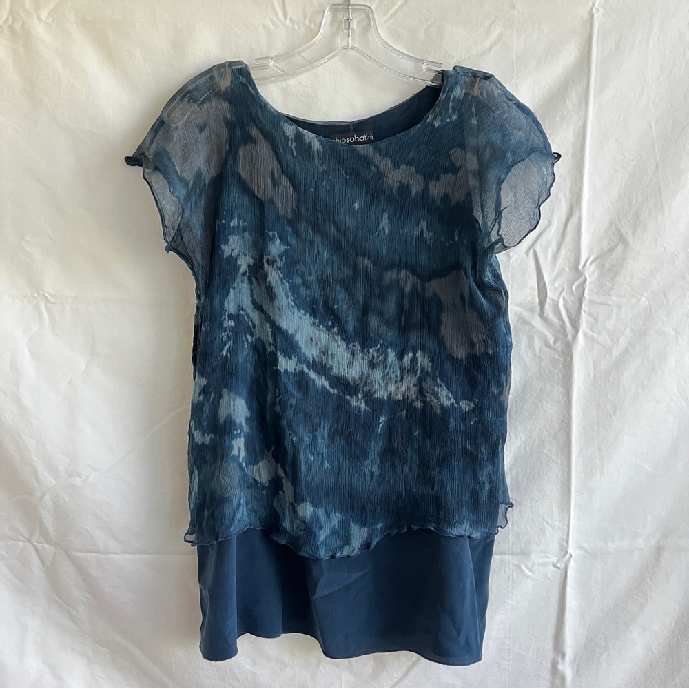 Sophie Sabatini blue crinkle silk blouse with silk tank underneath layer, size S